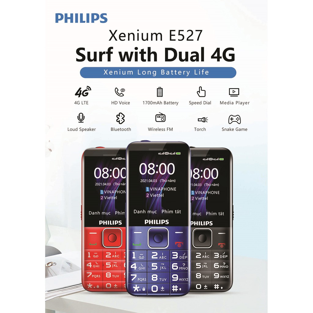 Điện thoại di động 4G (E-UTRA FDD) Philips Xenium E527 – Hàng Chính Hãng, Bảo Hành 12 Tháng Chính Hãng