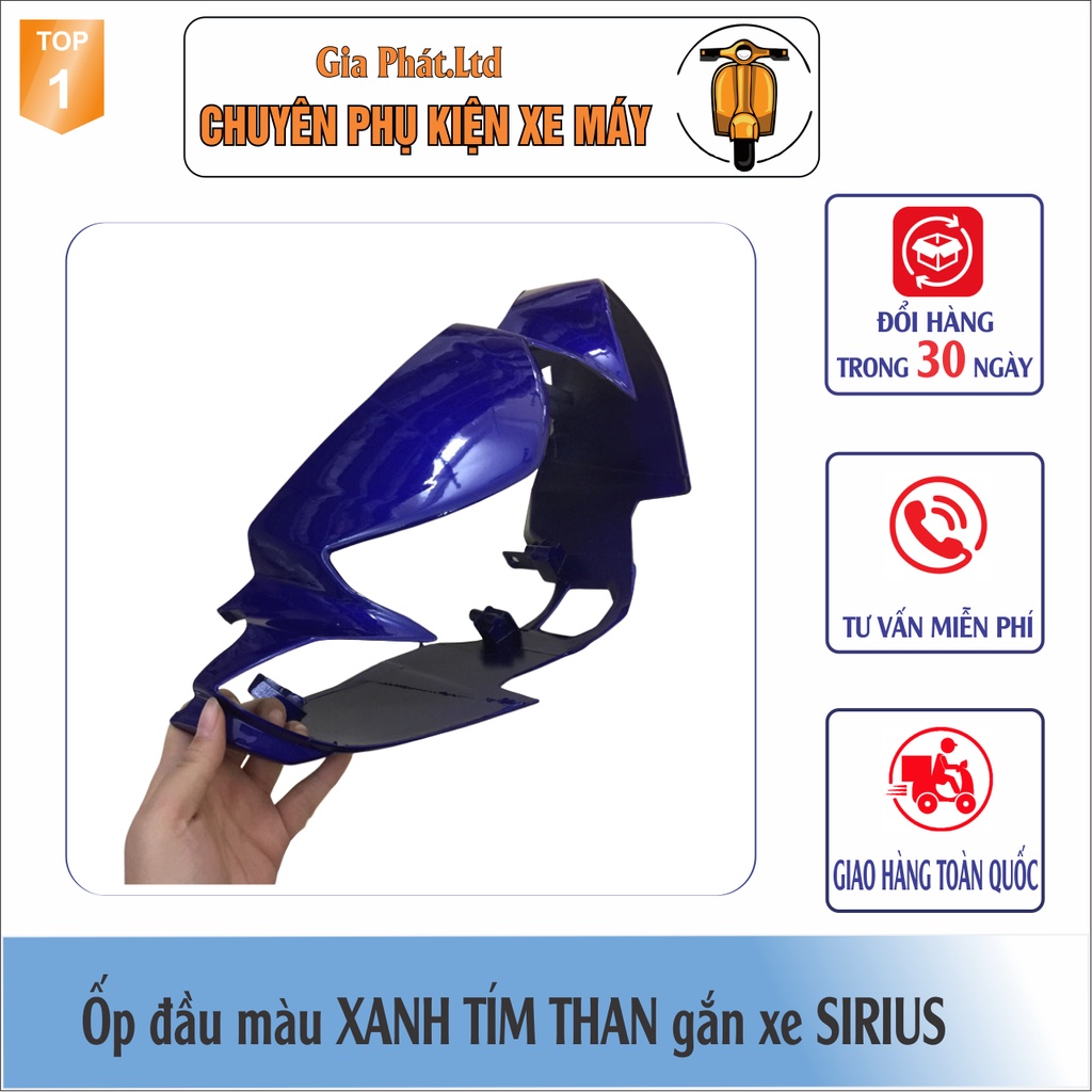 Bộ ốp đầu màu XANH TÍM THAN gắn xe SIRIUS đầy đủ Ốp đầu trước, Gáy sau và Pha đèn kèm bóng