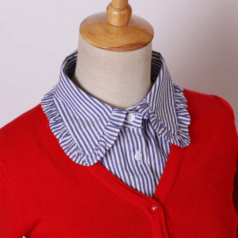 Yoioi Áo Sơ Mi Denim Kẻ Sọc Cổ Ren Giả Cà Vạt Có Thể Tháo Rời Vintage Thời Trang Nữ