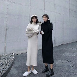 Váy len cao cổ lọ cực dài tôn dáng Hàn Quốc dệt kim thu đông Ullzang giấu dáng cơ bản dạo phố Thu Đông ấm áp