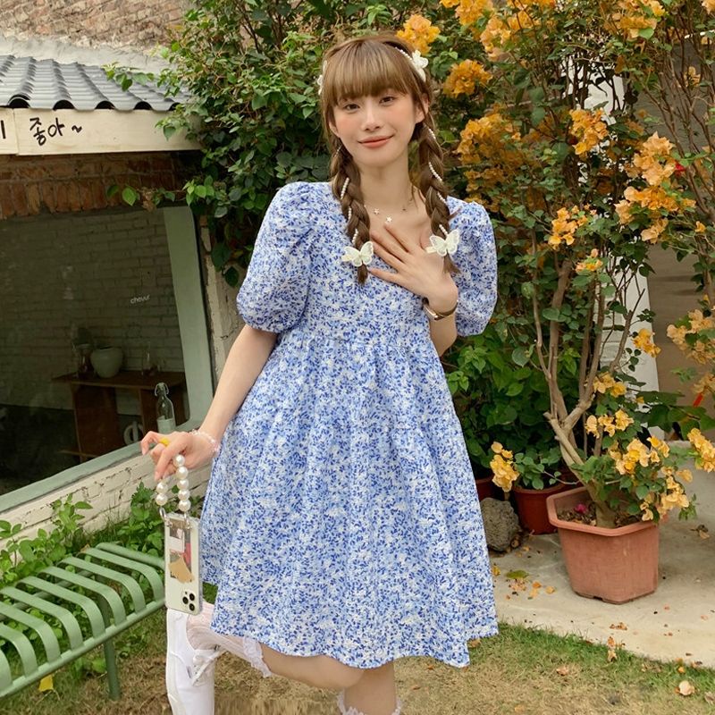 Đầm babydoll hồng - xanh hoa nhí tiểu thư hàng Quảng Châu mùa hè 2021