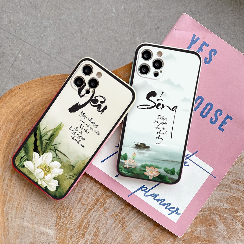 Ốp lưng iPhone viền vuông thư pháp *Sống và Yêu*  từ iPhone 6 đến 13 promax