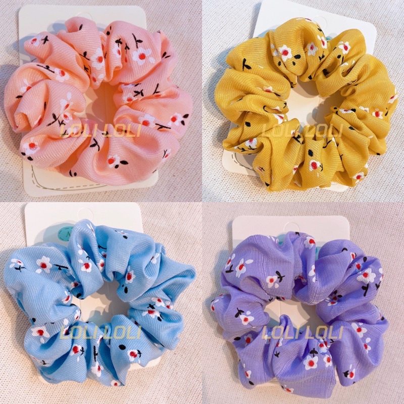 Scrunchies cột tóc hoa nhí dễ thương. Buộc tóc hoa nhí 4 màu phun nổi Loli
