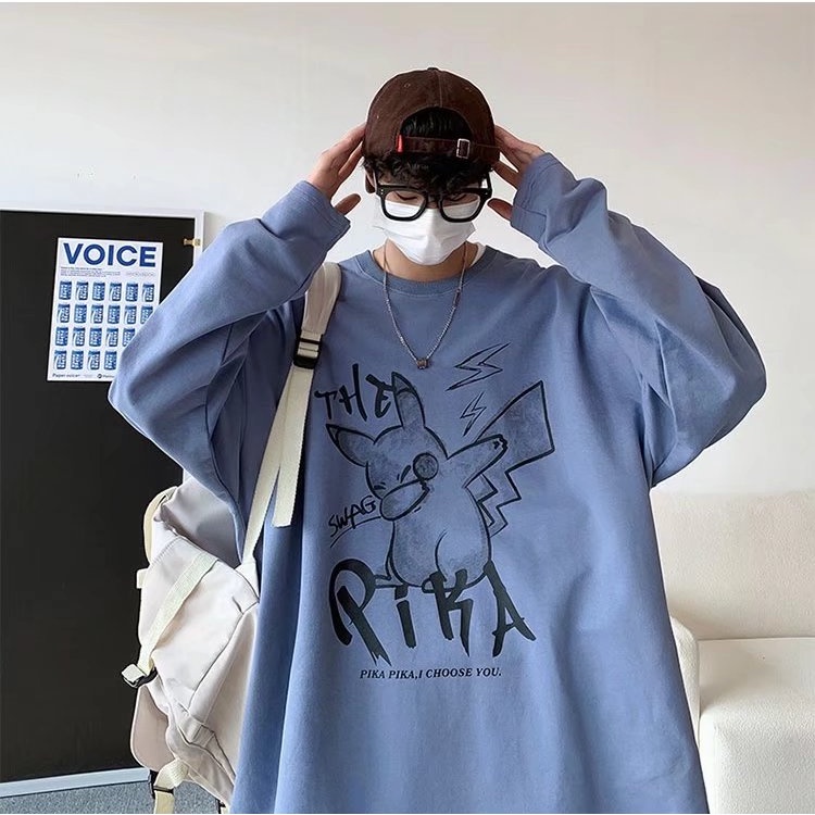 Áo thun tay dài cổ tròn in họa tiết 8 màu tùy chọn hình pikachu thời trang Hàn Quốc cho nam và nữ size m-5xl