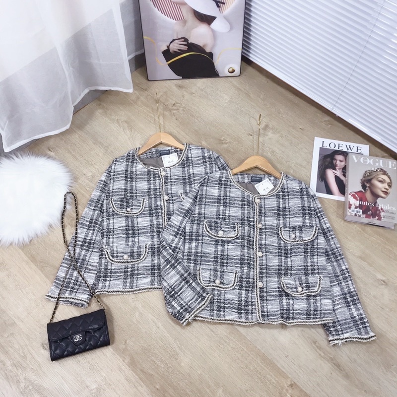 Áo Khoác Dạ Kẻ Viền Nhũ Cúc Ngọc 2 Lớp Sang Chảnh