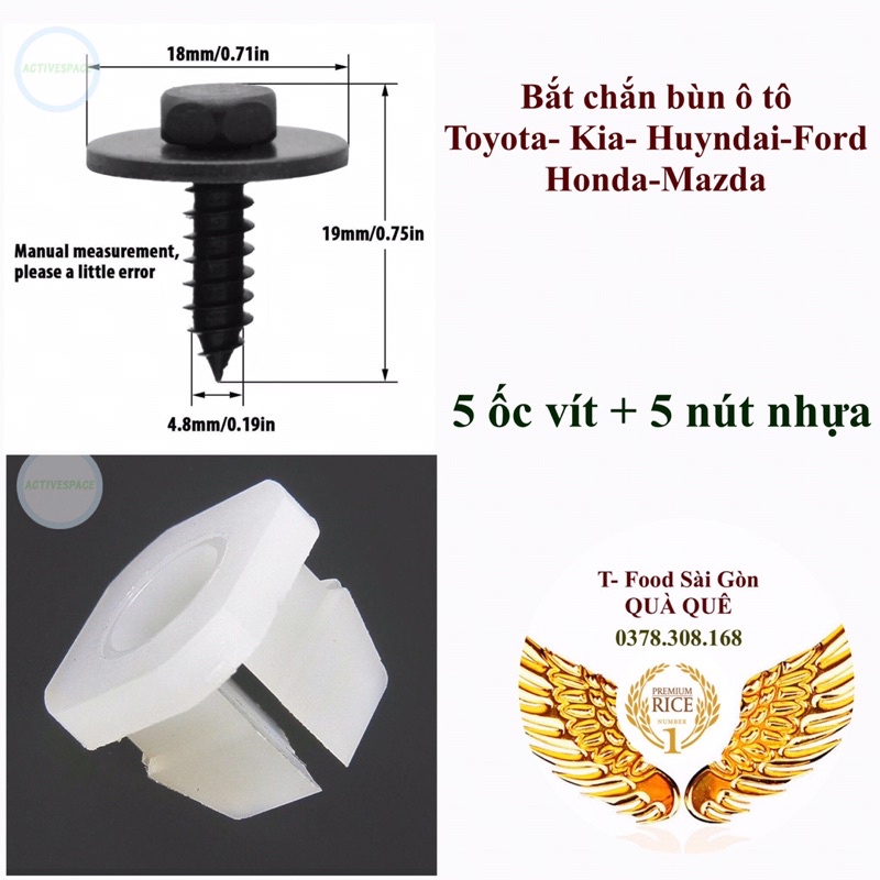 Combo 5 ốc vít, 5 nút nhựa ô tô -bắt chắn bùn-lòng vè bánh xe Ford Honda Vinfast Huyndai