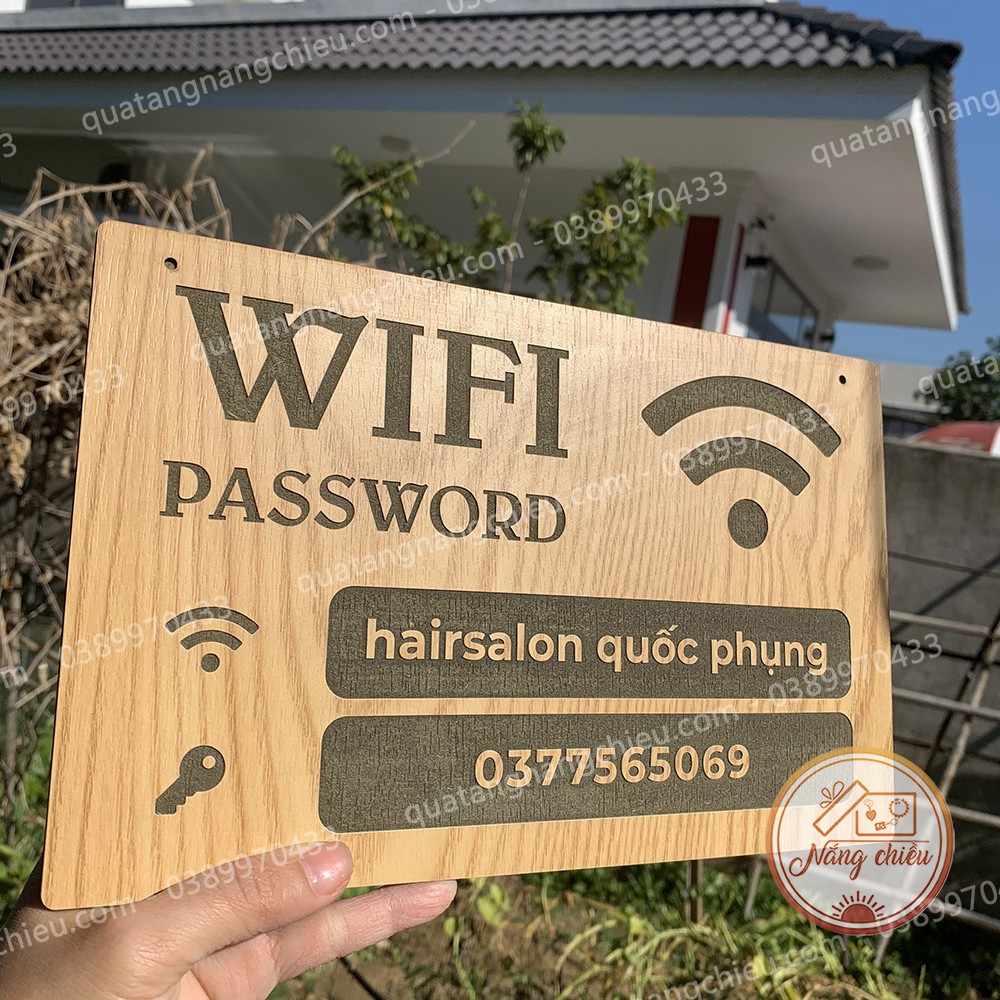 Bảng wifi cho quán cắt tóc,  treo tường, làm bằng chất liệu gỗ tự nhiên , khắc laze sắc nét