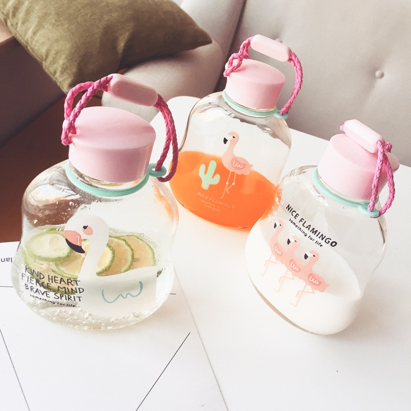 cốc nước hồng hạc BN26 thuỷ tinh bình nước 300ml - 450ml bình nước cute bình nước dễ thương