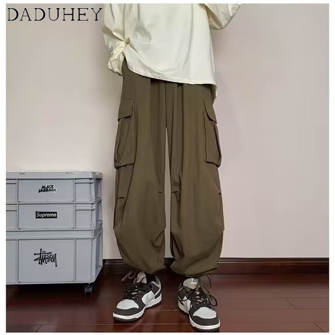 DaDuHey Men's Fashion Brand Summer Beauty Style High Street Washed Loose Solid Color Sports Pants Overalls