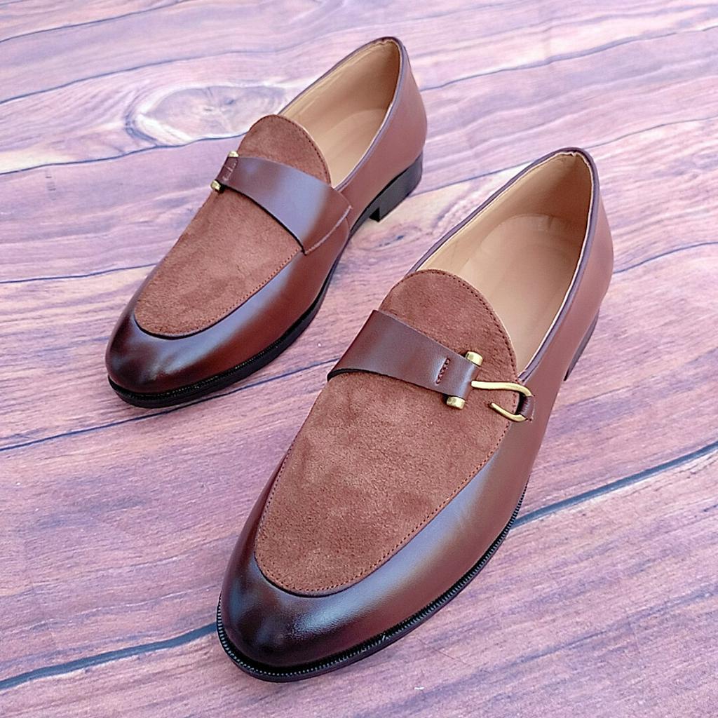 Giày lười nam công sở quai móc mạ đồng vá da lộn may mũ khâu đế 2 màu nâu đen mới nhất 2023