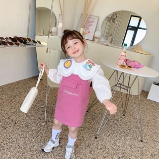 Set áo mặt cười kèm yếm kaki hồng bé gái