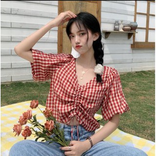 Áo croptop cổ chữ v phối dây rút thời trang mùa hè phong cách hàn quốc