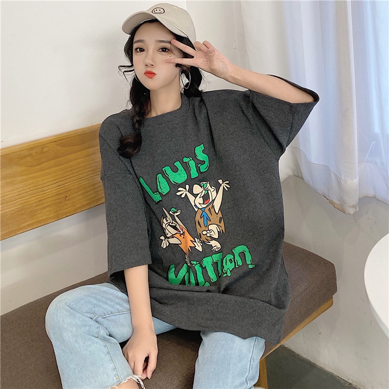 SUXI Áo Thun Tay Ngắn Cổ Tròn Dáng Rộng In Chữ Kiểu Retro Hàn Quốc Dễ Thương