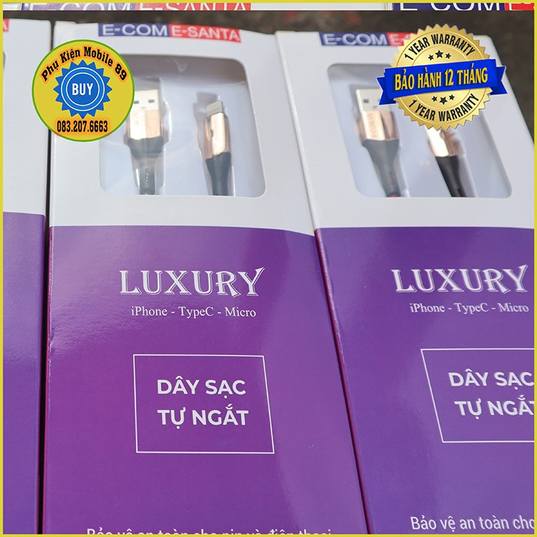 Dây Sạc iphone Santa Tự Ngắt - Đèn LED - BH 12TH CHính Hãng E-Santa Dây sạc Bọc Dù iphone android cáp iphone 12w dài 2m