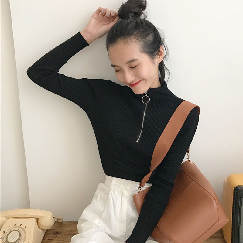 Áo tay dài cổ cao màu trơn thời trang dành cho nữ
