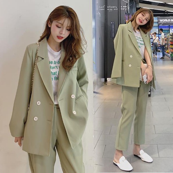 (Hàng Đẹp)Ảnh thật 4 hình cuối-2W272.Set áo blazer kèm quần Tây phong cách Hàn Quốc