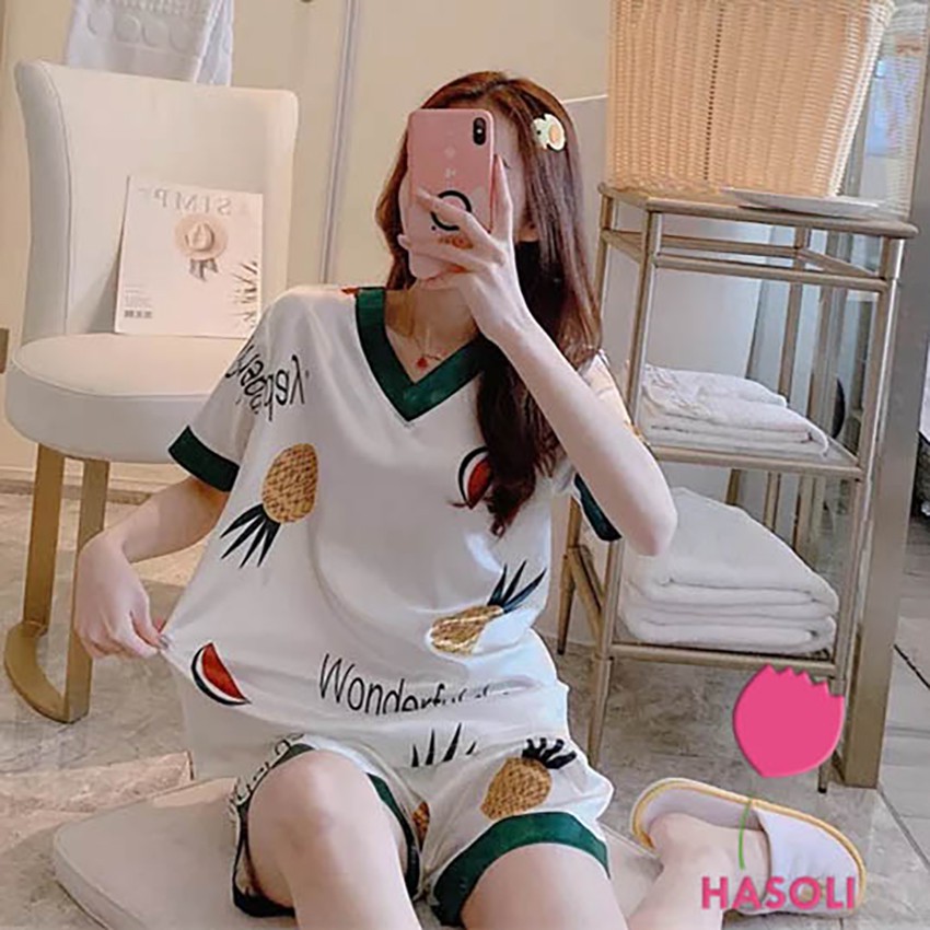 [Mã WARN20 giảm 20k đơn 150k] [Phom rộng]💕Bộ Ngủ-Đồ Ngủ Phi Lụa Cao Cấp Tay Ngắn Siêu Đẹp Màu Trắng Hình Dứa DB03 | BigBuy360 - bigbuy360.vn