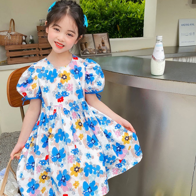 Đầm Công Chúa Cổ Tròn In Hoa Màu Xanh Dương Ngọt Ngào Toàn Diện Cho Bé Gái