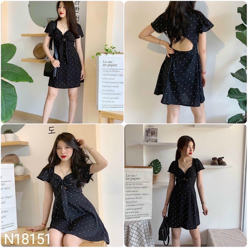 ĐẦM ELIO DRESS - ĐẦM HỞ LƯNG CHẤM BI TRẮNG ĐEN SIÊU XINH