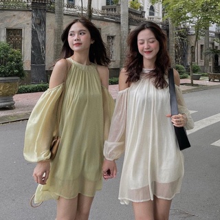Váy cổ yếm hở quai dài tay chất đũi mịn dáng xoè - Đầm tiểu thư thanh lịch dáng ngắn bo tay sang chảnh hai lớp