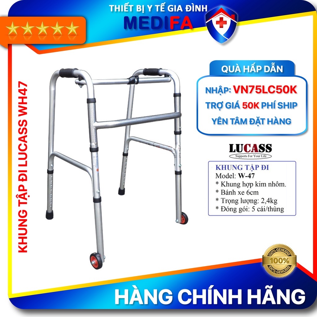 Khung tập đi cho người lớn Lucass WH47 hợp kim nhôm không gỉ, có bánh xe di chuyển