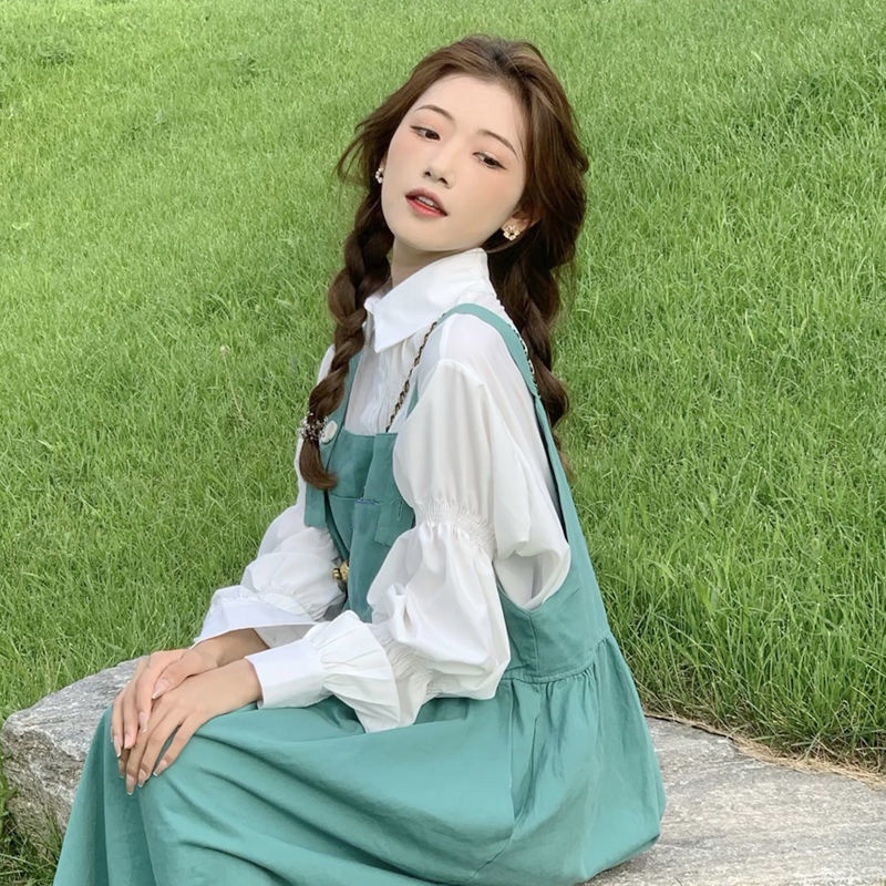 Set đầm yếm form rộng và áo sơ mi dài tay thời trang dành cho nữ (có bán lẻ)