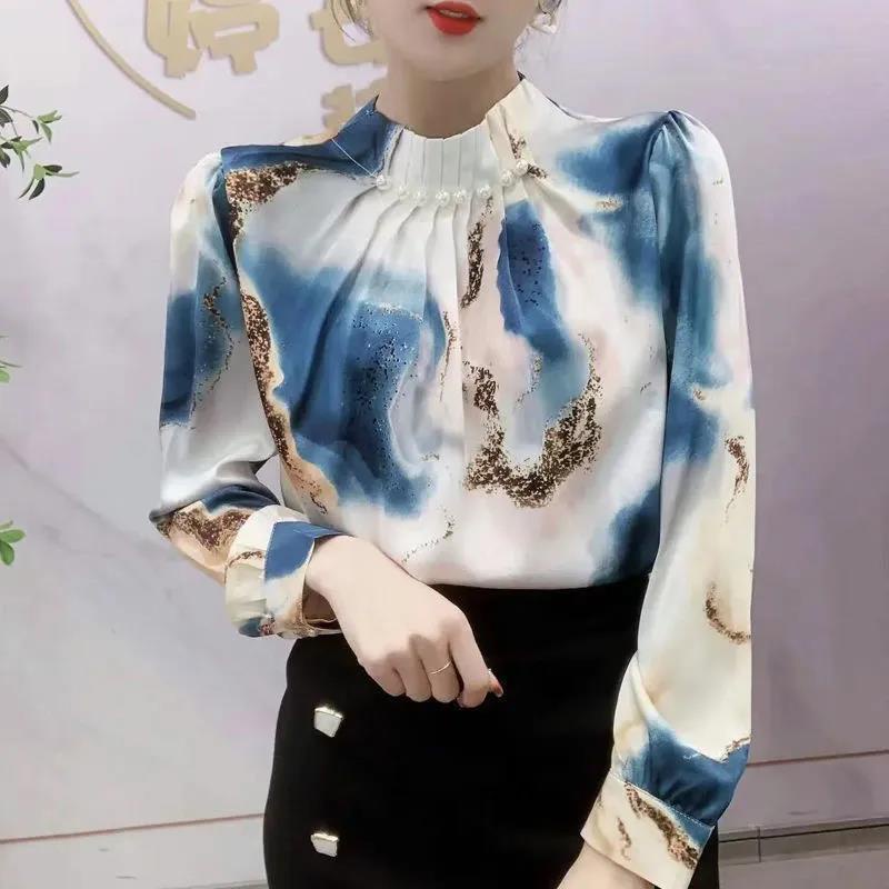 Áo Sơ Mi Tay Dài Cổ Gập Đính Hạt Phong Cách Hàn Quốc Thời Trang Mùa Xuân Dành Cho Nữ 2022