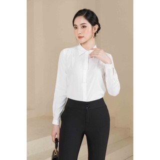 Áo sơ mi thô đũi trắng cổ đức dài tay, nẹp xếp nơ Toson 12330W01
