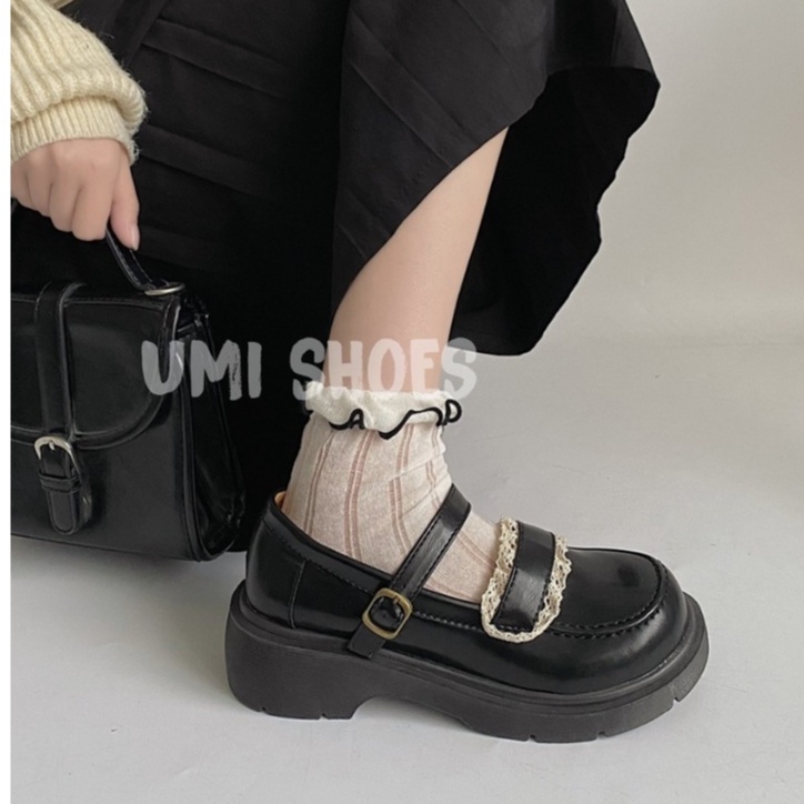 Giày Lolita Nữ Mary Quai Cài Thời Trang Phối Ren Mới Hot Da Dáng Oxford Màu Đen/Kem Học Sinh Độn Đế Cao 5cm