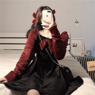 Đầm nhung tay dài đỏ đen noel hạ vai thu đông tết mặc ấm ấp cổ thắt nơ ulzzang xuân đâu năm mới