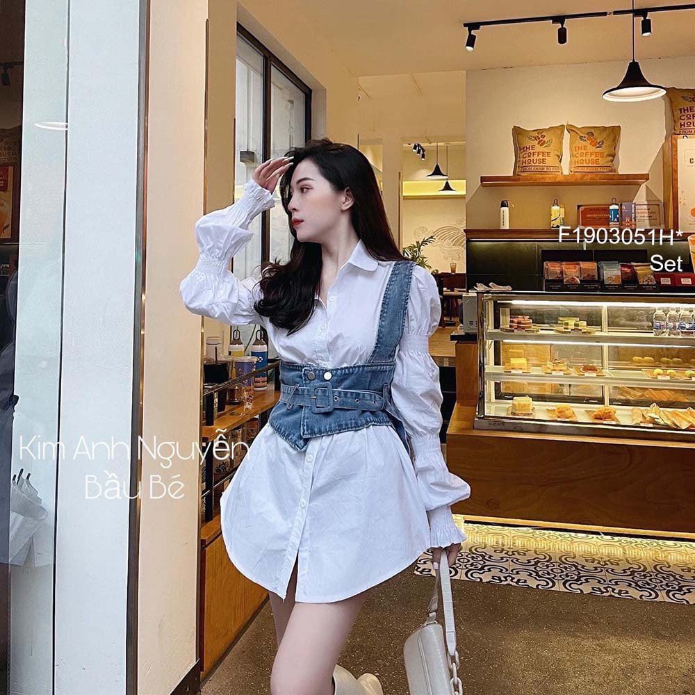 Set áo sơ mi trắng form giấu quần tay dài bo thun phối áo jean croptop một vai thắt đai eo! | BigBuy360 - bigbuy360.vn