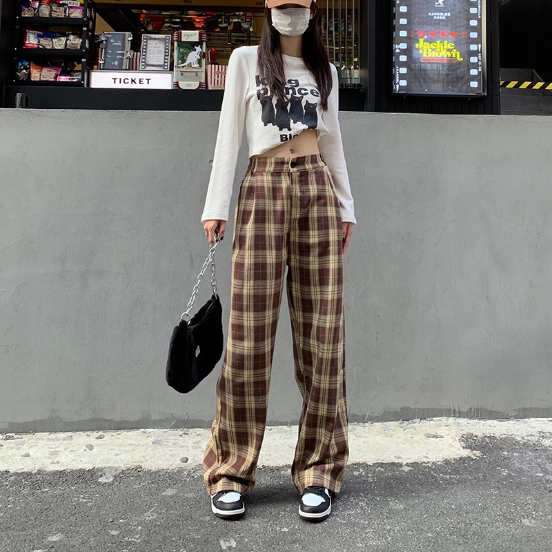 Quần dài SUXI ống rộng họa tiết caro thời trang cổ điển dành cho nữ