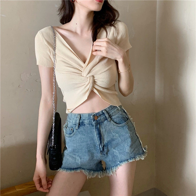 Áo Thun Dệt Kim Tay Ngắn Thiết Kế Đan Chéo Quyến Rũ Thời Trang Mùa Hè Cho Nữ