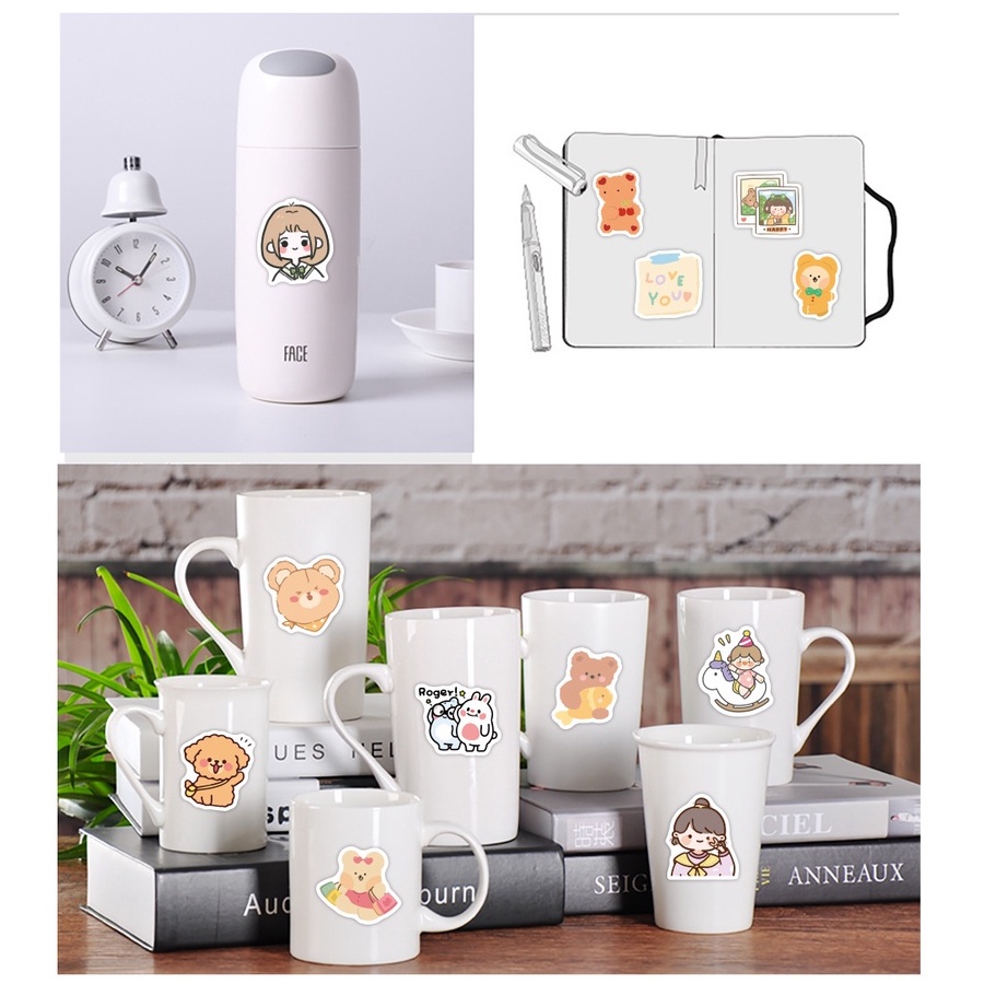 Set 100/50/25/10 Miếng Dán Chống Thấm Nước Họa Tiết Gấu Hoạt Hình Dùng Trang Trí Laptop/Vali/Laptop