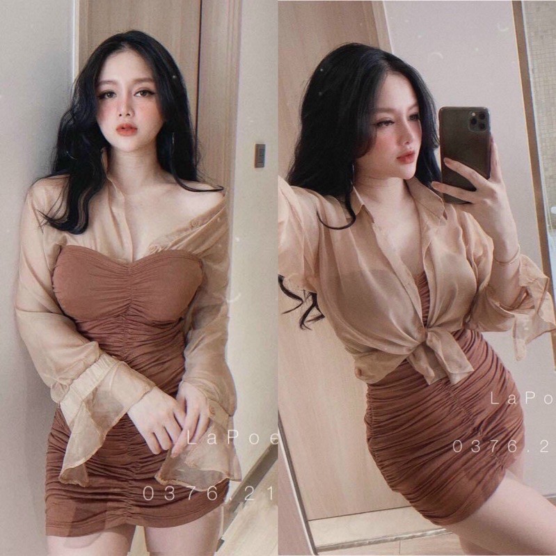Váy đầm nữ body nhún thân cúp ngực phối áo khoác voan mỏng, có thể mang thành hai kiểu siêu xinh HT61