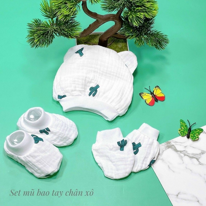 Set mũ - bao tay - bao chân Muslin cho bé