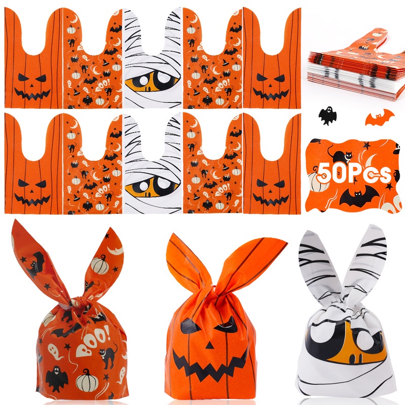 Set 50 Túi Đựng Bánh Kẹo Tự Làm Hình Bí Ngô Halloween