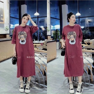 Váy cotton suông dài rộng in hình sư tử chất mát màu xinh