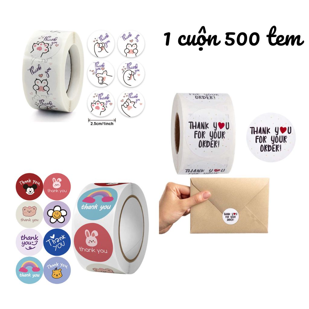 Cuộn 500 Nhãn Dán Thank you 25mm Tem Cảm Ơn Hình tròn sticker xinh xắn - Tiệm Nhà Mèo
