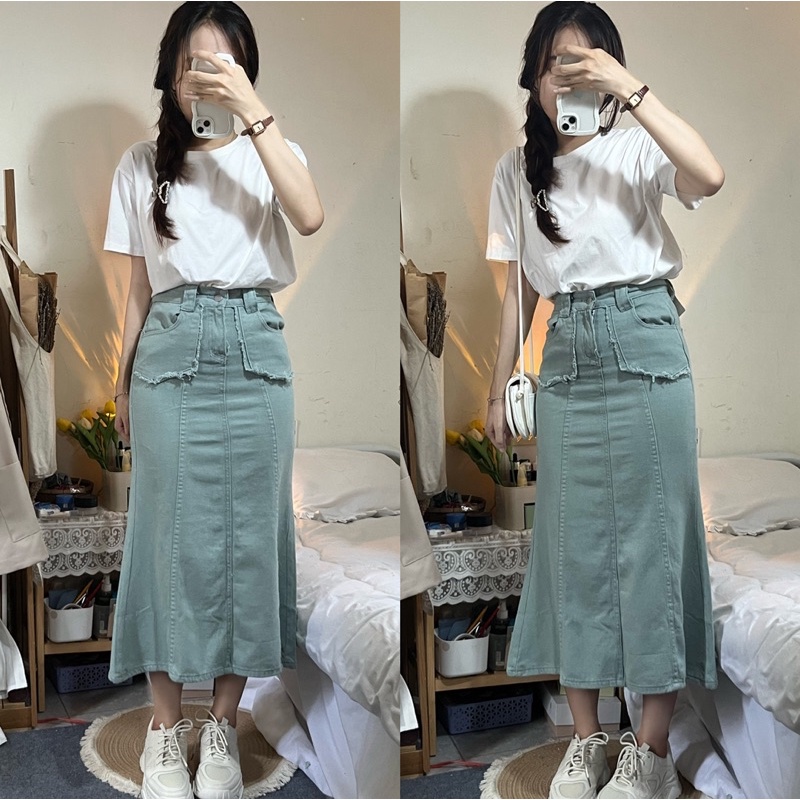 Chân Váy Jean, Bò Midi Dáng Chữ A Dài Taobao Order