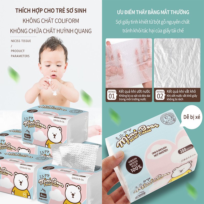 Khăn Giấy Khô/Rút Đa Năng Mini Bear Nhật Bản 4 Lớp 13*18CM*300tờ/1gói chất liệu thiên nhiên,an toàn cho làn da