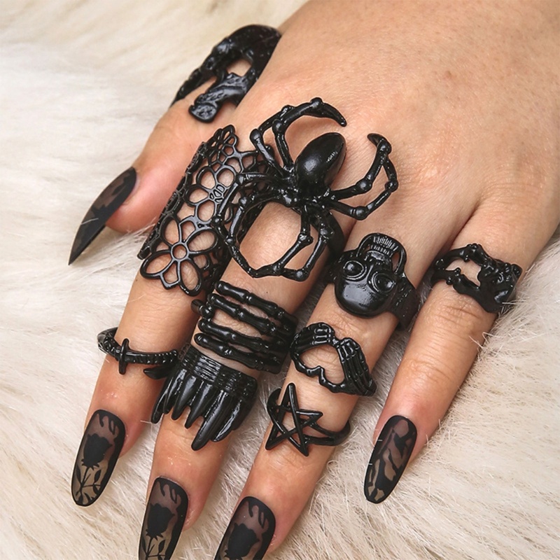 Set 10 Nhẫn Hở Hình Đầu Lâu / Ngôi Sao / Nhện Phong Cách Gothic Sang Trọng Cho Cặp Đôi