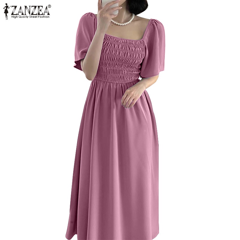 Zanzea Đầm Dài Cổ Vuông Tay Ngắn Phong Cách Hàn Quốc Tinh Tế Thời Trang Cho Nữ