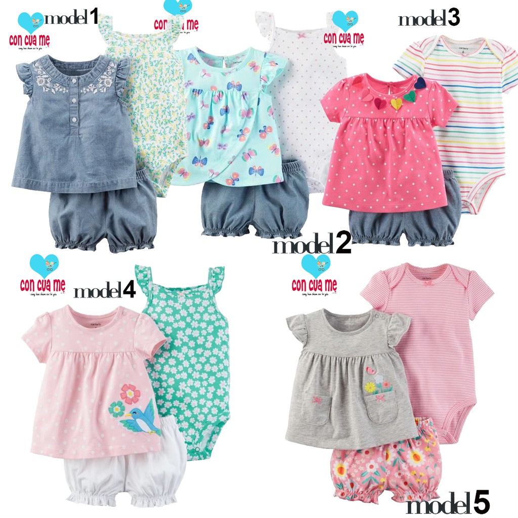 Set 3 món áo chữ A + quần short + bodysuit Carter bé gái xuất xịn sz 6-24 tháng