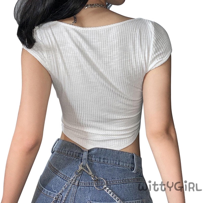 Áo Croptop Vạt Bầu Cổ Vuông Tay Ngắn Trơn A5152
