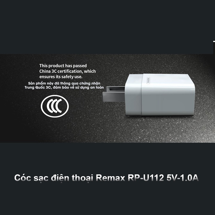 Cóc sạc điện thoại Remax RP-U112 5V-1.0A tặng kèm cáp sạc Type C