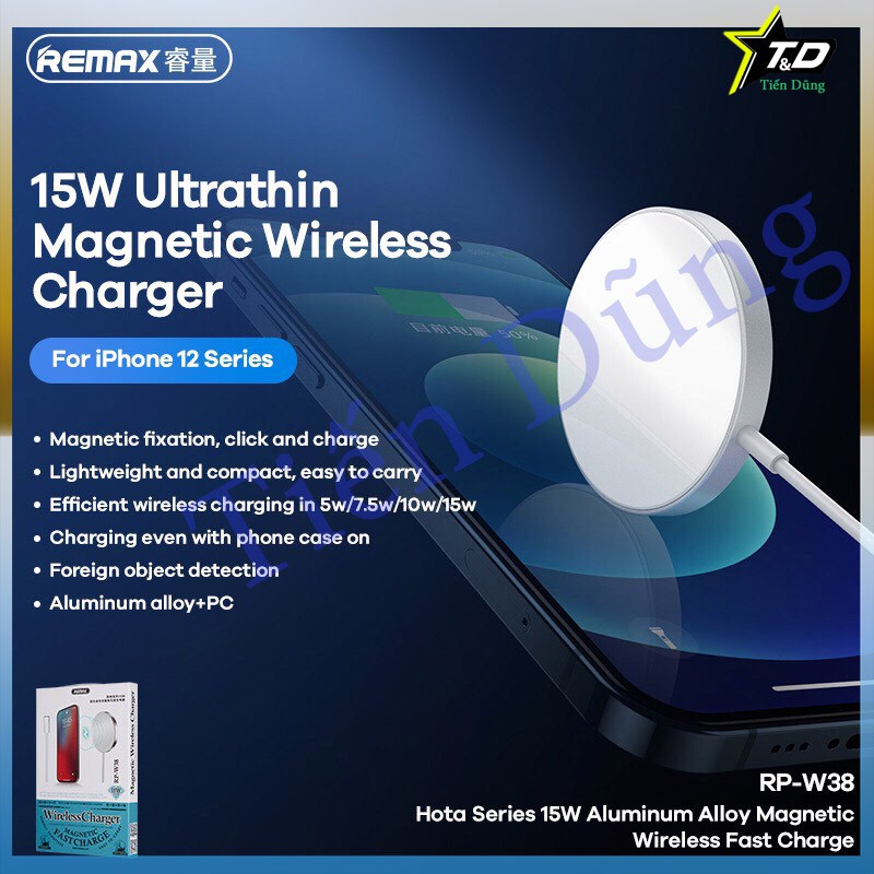 Đế Sạc Không Dây Remax Rp-w38, 15w Bằng Hợp Kim Nhôm Hít Nam Châm Nhanh Chóng Cho Tất Cả Các Dòng hỗ trợ không dây