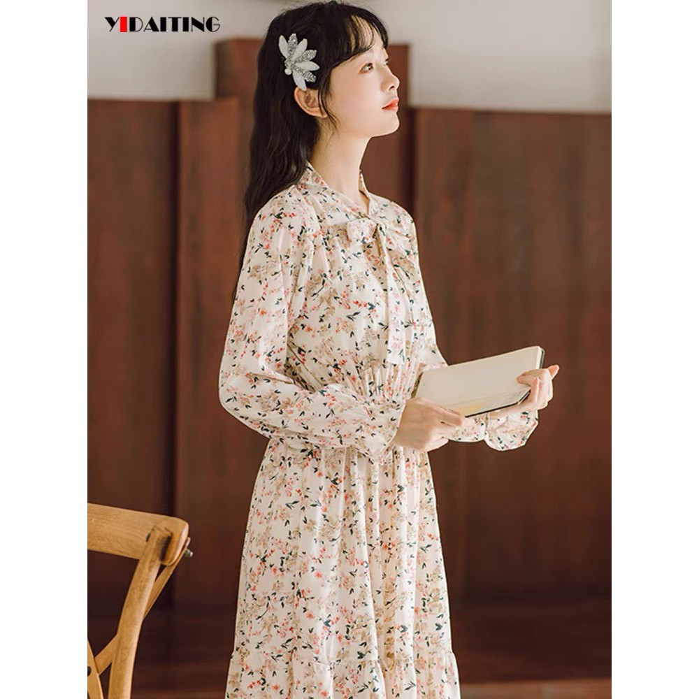 Váy hoa nhí cổ buộc nơ xinh xắn, Đầm hoa nhí vintage cổ nơ 2021 - Dorita Boutique