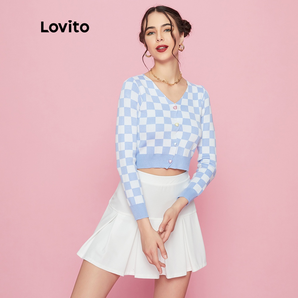 Áo khoác len Lovito L09154 cổ chữ V dáng rộng kẻ sọc caro màu xanh dương dễ thương