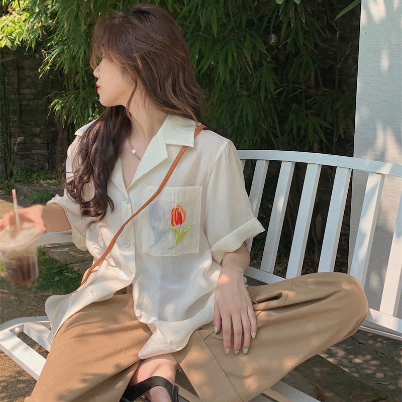 Áo Sơ Mi Chống Nắng Tay Ngắn Cổ Bẻ Dáng Rộng Thêu Hoa Hồng Thời Trang Mùa Hè Hàn Quốc Cho Nữ